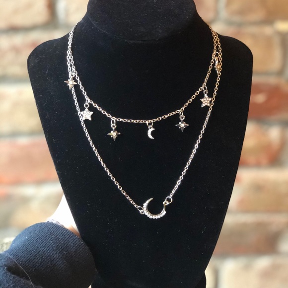 Jewelry - Crescent moon and star silver layer necklace.